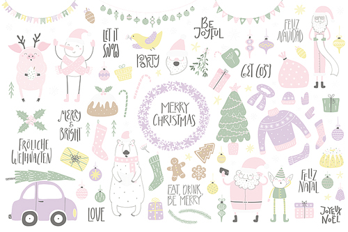 Big Christmas set with funny characters polar bear, pig, Santa, elf, snowman, tree, food, quotes. Isolated objects on white. Hand drawn vector illustration. Flat style design. Concept for card, invite