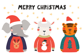 Hand drawn vector illustration of cute animals, elephant, sheep, tiger, in Santa hats, sweaters, with text. Isolated objects on white. Scandinavian style flat design. Concept Christmas card, invite.