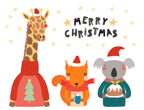Hand drawn vector illustration of cute animals, giraffe, squirrel, koala, in Santa hats, sweaters, with text. Isolated objects on white. Scandinavian style flat design. Concept Christmas card, invite.