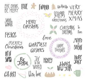 Big set of Christmas lettering quotes, with frames, elements. Isolated objects on white background. Hand drawn vector illustration. Flat style design. Concept for Christmas card, invite.
