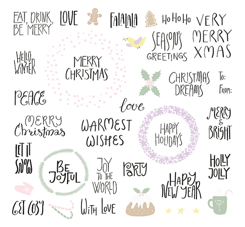 Big set of Christmas lettering quotes, with frames, elements. Isolated objects on white . Hand drawn vector illustration. Flat style design. Concept for Christmas card, invite.