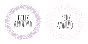 Hand written calligraphic lettering quotes Feliz Navidad, Merry Christmas in Spanish, in wreathes. Isolated objects on white background. Vector illustration. Design concept, element for card, invite.