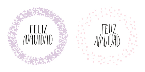 hand written calligraphic lettering quotes feliz navidad, merry christmas in spanish, in wreathes. isolated objects on white . vector illustration. design concept, element for card, invite.