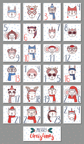 Hand drawn advent calendar with cute funny animals (bunny, cat, unicorn, owl, bear, panda, deer, elephant) in different winter hats, glasses. Design concept children, Christmas. Vector illustration