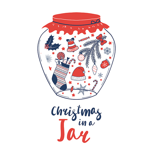 Hand drawn vector illustration of a glass jar with stocking, bell, Santa Claus hat, holly, tree branch, candy, snowflakes, inside, text. Isolated objects on white . Design concept Christmas.