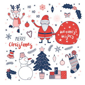 Set of hand drawn Christmas design elements with cute cartoon deer, Santa Claus, snowman decorating a tree, typography Merry Christmas, Warmest wishes. Isolated objects on white background. Vector.