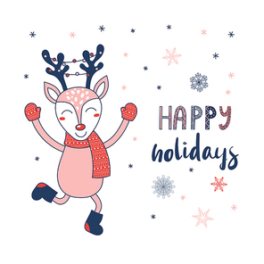 Hand drawn greeting card with a cute cartoon deer with a red nose and Christmas lights hanged on antlers, text Happy holidays. Isolated objects on white background. Vector illustration. Design concept