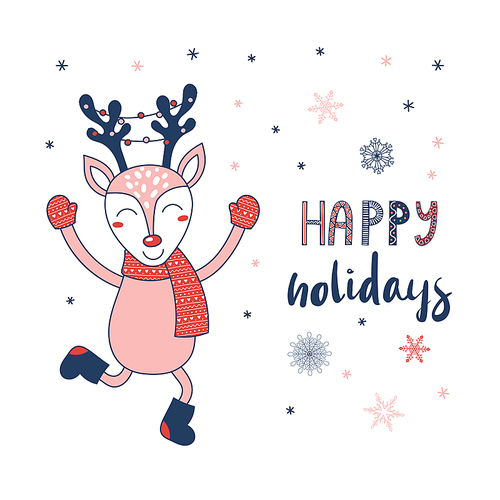 Hand drawn greeting card with a cute cartoon deer with a red nose and Christmas lights hanged on antlers, text Happy holidays. Isolated objects on white . Vector illustration. Design concept
