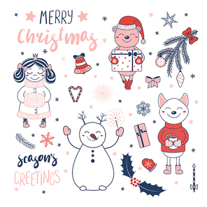 Set of hand drawn Christmas design elements with cute cartoon princess, bear with a present, snowman, dog, typography Merry Christmas, Season's greetings. Isolated objects on white background. Vector.