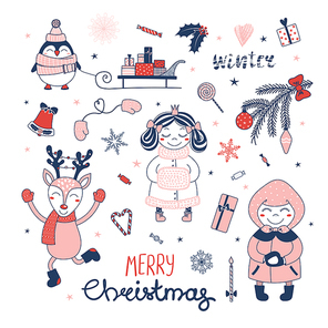 Set of hand drawn Christmas design elements with cute cartoon princess, penguin, sledge with gifts, deer, little girl, typography Merry Christmas, Winter. Isolated objects on white background. Vector.