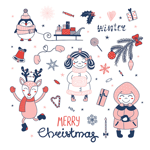 Set of hand drawn Christmas design elements with cute cartoon princess, penguin, sledge with gifts, deer, little girl, typography Merry Christmas, Winter. Isolated objects on white . Vector.