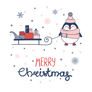 Hand drawn greeting card with a cute penguin in a muffler, pulling a sleigh with gifts, text Merry Christmas. Isolated objects on white background. Vector illustration. Design concept winter holidays.