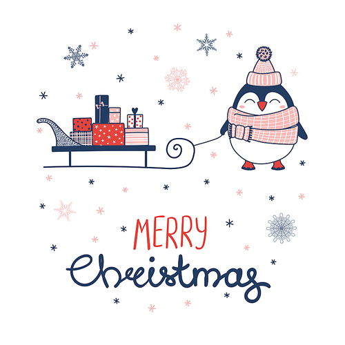 Hand drawn greeting card with a cute penguin in a muffler, pulling a sleigh with gifts, text Merry Christmas. Isolated objects on white . Vector illustration. Design concept winter holidays.