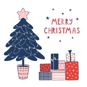 Hand drawn greeting card with a cartoon fir tree decorated with garlands, star, gifts, text Merry Christmas. Isolated objects on white background. Vector illustration. Design concept winter holidays
