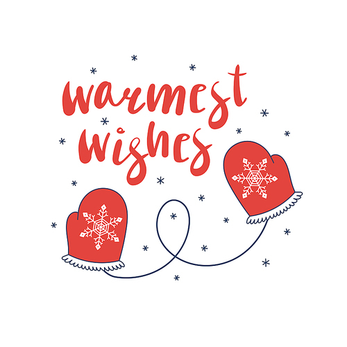 Hand drawn Christmas greeting card with red mittens on a string, with snowflakes, text Warmest wishes. Isolated objects on white . Vector illustration. Design concept winter holidays.