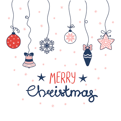 Hand drawn greeting card with Christmas decorations hanging on strings, snowflakes, text Merry Christmas. Isolated objects on white . Vector illustration. Design concept winter holidays.
