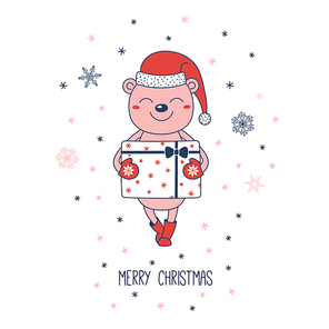 Hand drawn Christmas greeting card with a cute bear in Santa hat carrying a big present, text Merry Christmas. Isolated objects on white background. Vector illustration. Design concept winter holidays