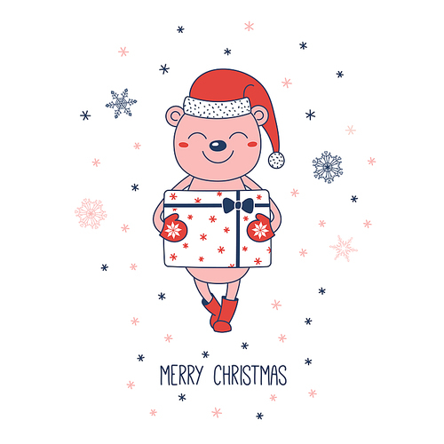 Hand drawn Christmas greeting card with a cute bear in Santa hat carrying a big present, text Merry Christmas. Isolated objects on white . Vector illustration. Design concept winter holidays