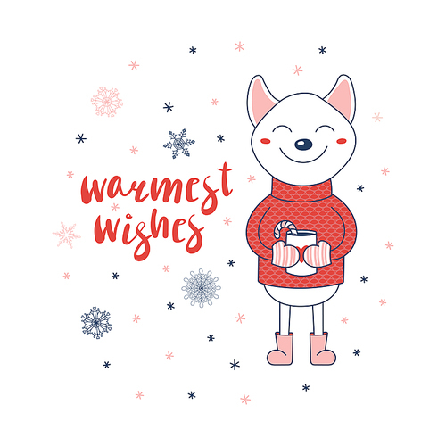 Hand drawn Christmas greeting card with a cute shiba inu dog in a sweater holding a cup, text Warmest wishes. Isolated objects on white . Vector illustration. Design concept winter holidays