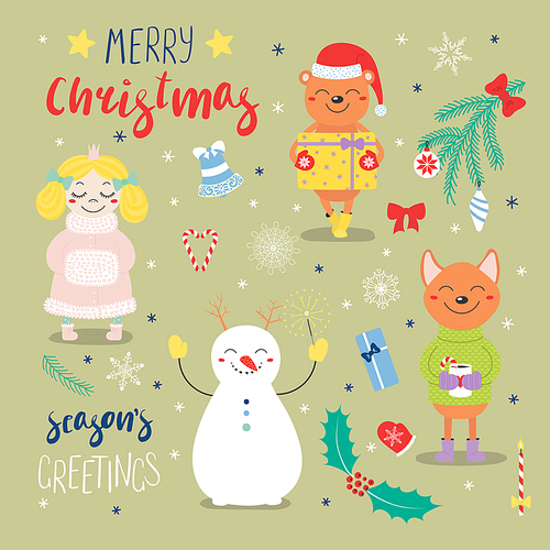 Set of hand drawn Christmas design elements with cute cartoon princess, bear with a present, snowman, dog, typography Merry Christmas, Season's greetings. Isolated objects. Vector illustration.