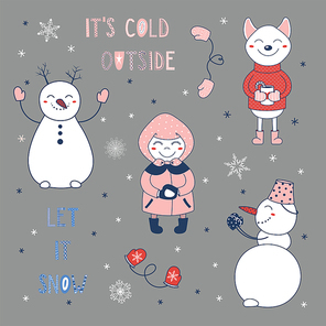Set of hand drawn cute cartoon characters: girl making a snowball, shiba inu dog with a mug, snowmans, text It's cold outside, Let it snow. Isolated objects. Vector illustration. Design concept winter