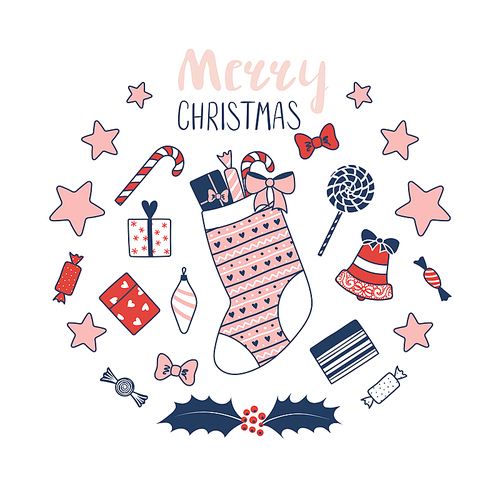 Hand drawn greeting card with a patterned stocking filled with presents, stars, sweets, text Merry Christmas. Isolated objects on white . Vector illustration. Design concept winter holidays.
