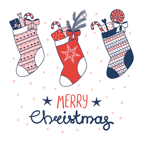 Hand drawn greeting card with various stocking filled with presents, sweets, snowflakes, text Merry Christmas. Isolated objects on white background. Vector illustration. Design concept winter holidays