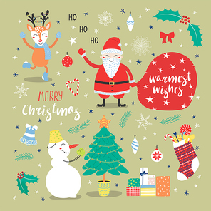 Set of hand drawn flat Christmas design elements with cute cartoon deer, Santa Claus, snowman decorating a tree, typography Merry Christmas, Warmest wishes. Isolated objects. Vector illustration .