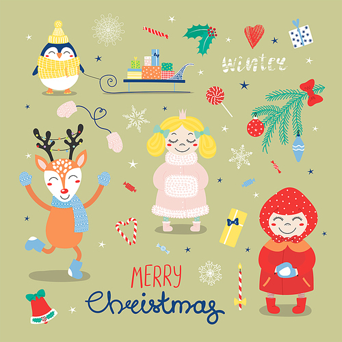 Set of hand drawn flat Christmas design elements with cute cartoon princess, penguin, sledge with gifts, deer, little girl, typography Merry Christmas, Winter. Isolated objects. Vector illustration .
