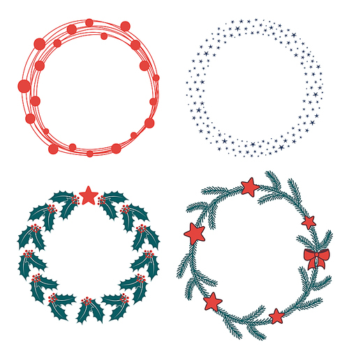 Collection of different hand drawn Christmas wreathes and round frames, with holly, stars, fir tree branches. Isolated objects on white . Vector illustration. Design concept winter holidays.