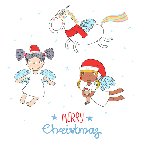 Hand drawn Christmas greeting card with cute funny angel girls, cat in Santa Claus hats, flying unicorn. Isolated objects on white . Vector illustration. Design concept kids, winter holidays