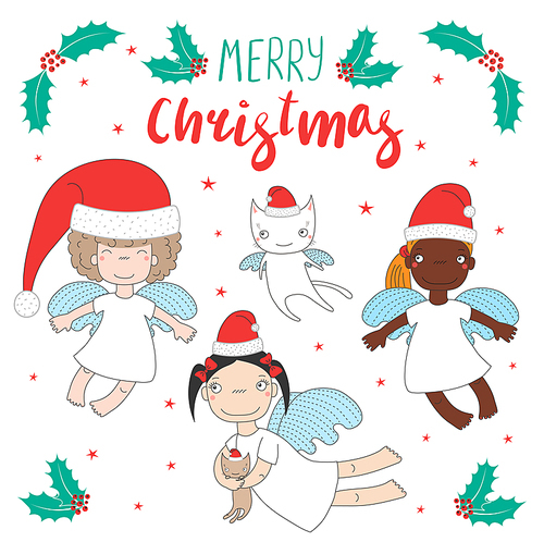 Hand drawn Christmas greeting card with cute cartoon angel girls, cat, in Santa Claus hats. Isolated objects on white . Vector illustration. Design concept for children, winter holidays.