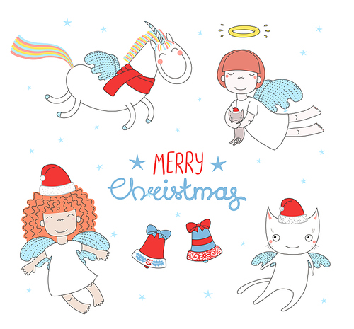 Hand drawn Christmas greeting card with cute funny angel girls, cat in Santa Claus hats, flying unicorn. Isolated objects on white . Vector illustration. Design concept kids, winter holidays