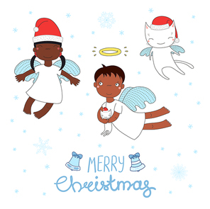 Hand drawn Christmas greeting card with cute cartoon angel girls, cat, in Santa Claus hats. Isolated objects on white background. Vector illustration. Design concept for children, winter holidays.