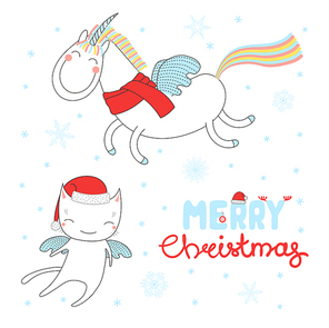 Hand drawn Christmas greeting card with cute cartoon angel cat in Santa Claus hat, flying unicorn. Isolated objects on white background. Vector illustration. Design concept children, winter holidays.