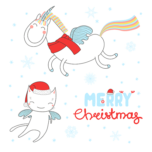 Hand drawn Christmas greeting card with cute cartoon angel cat in Santa Claus hat, flying unicorn. Isolated objects on white . Vector illustration. Design concept children, winter holidays.