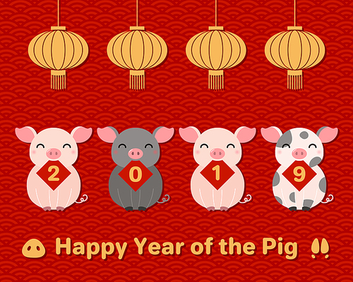 2019 Chinese New Year greeting card with cute pigs holding cards with numbers, lanterns, on a background with waves pattern. Vector illustration. Design concept for holiday banner, decorative element.