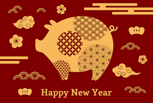 2019 Chinese New Year greeting card with cute pig, clouds, flowers, text, gold on red. Vector illustration. Isolated objects. Flat style design. Concept for holiday banner, decorative element.