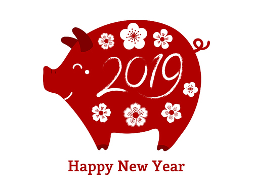 2019 Chinese New Year greeting card with cute pig, flowers, numbers, text, red on white. Vector illustration. Flat style design. Concept for holiday banner, decorative element.