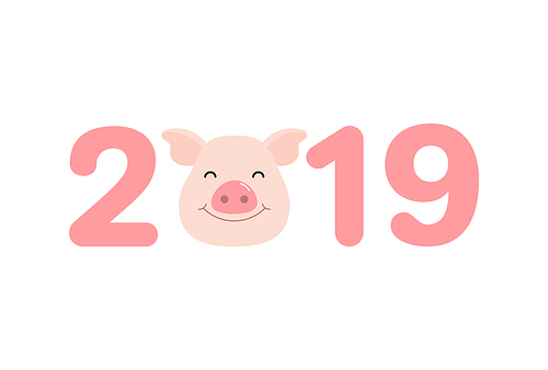 2019 Chinese New Year greeting card with cute pig face, numbers. Vector illustration. Isolated objects on white . Flat style design. Concept for holiday banner, decorative element.