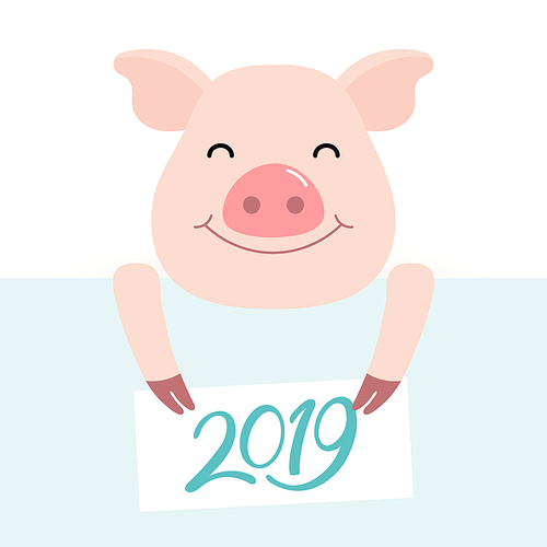 2019 Chinese New Year greeting card with cute pig holding card with numbers. Vector illustration. Flat style design. Concept for holiday banner, decorative element.
