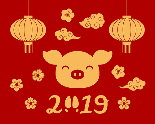 2019 Chinese New Year greeting card with cute pig face, lanterns, clouds, flowers, numbers with hoof , gold on red. Vector illustration. Design concept for holiday banner, decorative element.