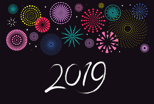2019 Chinese New Year background with bright fireworks of different colors, numbers, on black. Vector illustration. Flat style design. Concept for holiday banner, greeting card, decorative element.