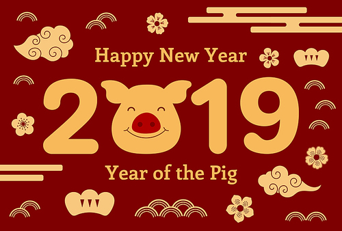 2019 Chinese New Year greeting card with cute pig, clouds, flowers, numbers, text, gold on red. Vector illustration. Isolated objects. Flat style design. Concept for holiday banner, decorative element