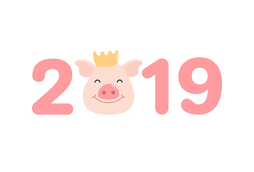 2019 Chinese New Year greeting card with cute pig face in a crown, numbers. Vector illustration. Isolated objects on white . Flat style design. Concept for holiday banner, decorative element