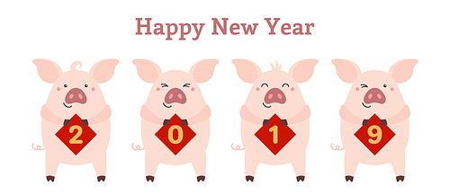 2019 Chinese New Year greeting card with cute pigs holding cards with numbers, text. Vector illustration. Isolated objects on white. Flat style design. Concept for holiday banner, decorative element.