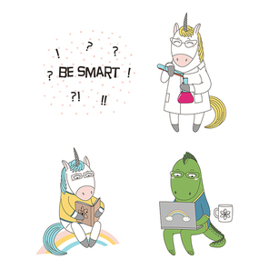 Hand drawn vector illustration of a cute funny cartoon unicorns, with a book, in a lab coat, dragon in glasses, holding a laptop, text. Isolated objects. Design concept children, geek culture