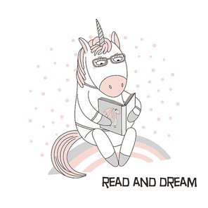 Hand drawn vector illustration of a cute funny cartoon unicorn sitting on a rainbow, reading a book with a dragon on the cover, text. Isolated objects. Design concept for children, geek culture.