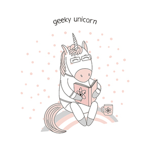 Hand drawn vector illustration of a cute funny cartoon unicorn sitting on a rainbow, reading a book with atomic physics symbol, text. Isolated objects. Design concept for children, geek culture.