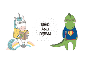 Hand drawn vector illustration of a cute funny cartoon unicorn reading a book, dragon in glasses and sweatshirt, holding a comic, text. Isolated objects. Design concept for children, geek culture.